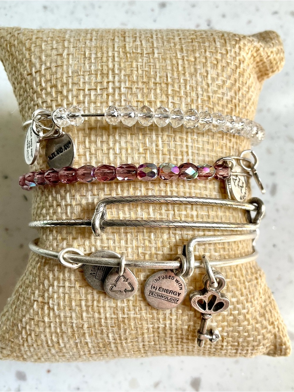Alex and Ani Silver and Pink Crystal Stackable Bracelet Set